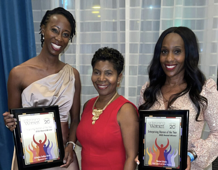 Sandi Webster (center in red) volunteered to coach winners of the Count Me In revival Grant Competition in 2020.  Sandi won a Make Mine a Million Business competition in 2006. With her partner Peggy McHale, they  built a multi-million business called Consultants 2 Go and sold it for  undisclosed millions.  She is pictured with CMI Revival winner CEO’s  LaTeasha Gaither- Davis and Hasina Echoles at a  national awards ceremony in 2022.
