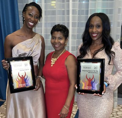Sandi Webster (center in red) volunteered to coach winners of the Count Me In revival Grant Competition in 2020.  Sandi won a Make Mine a Million Business competition in 2006. With her partner Peggy McHale, they  built a multi-million business called Consultants 2 Go and sold it for  undisclosed millions.  She is pictured with CMI Revival winner CEO’s  LaTeasha Gaither- Davis and Hasina Echoles at a  national awards ceremony in 2022.